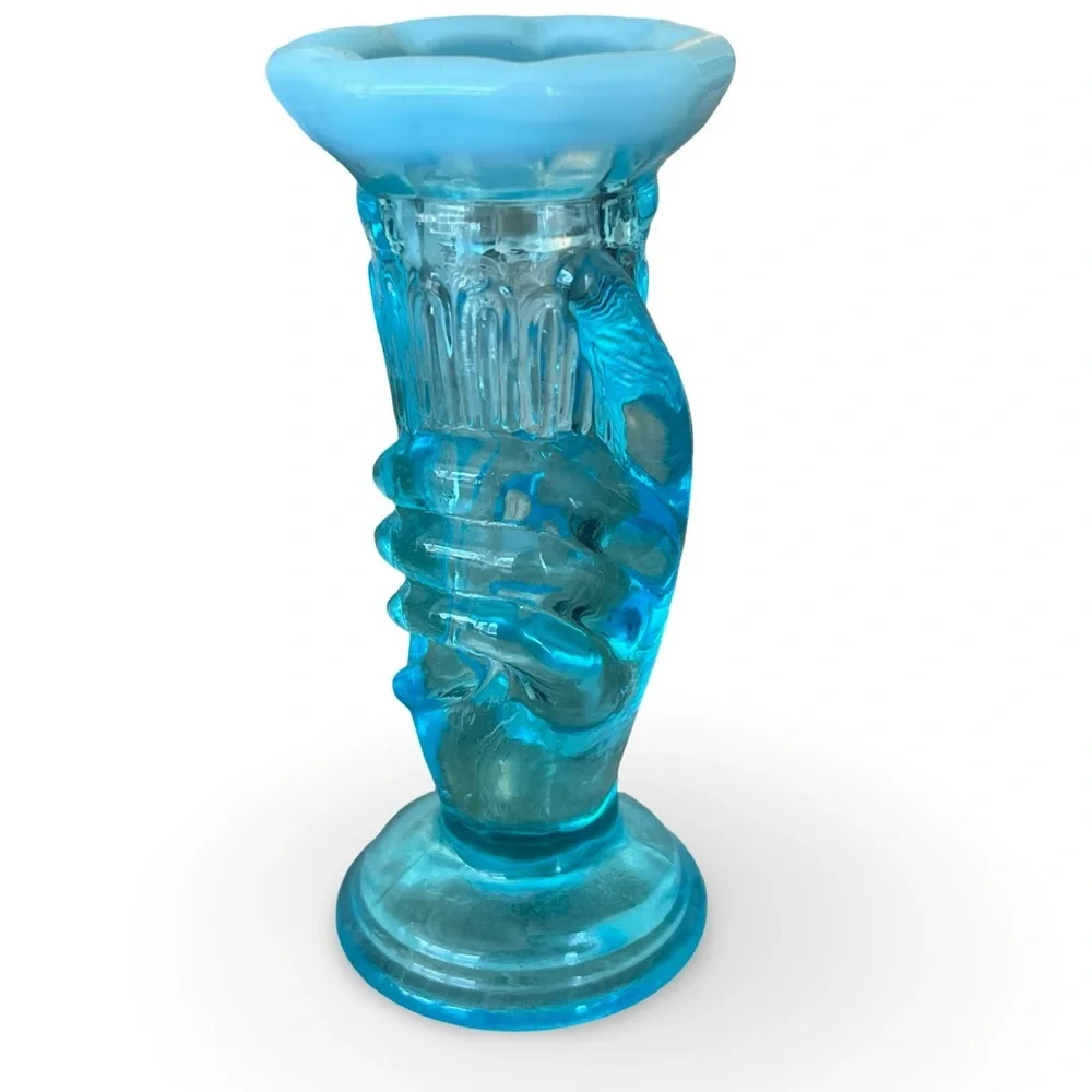 Vintage Fenton Blue Opalescent Miniature Hand Vase 4”